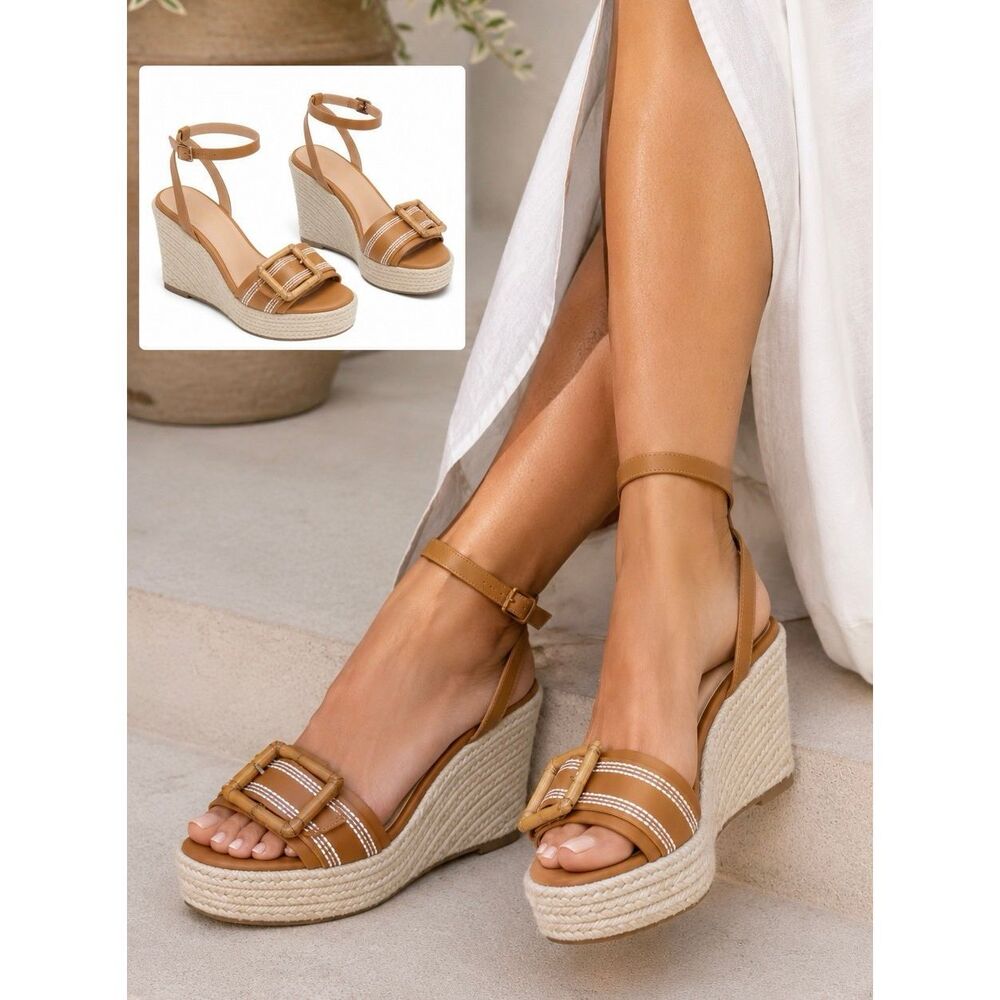 L'AGENCE Tan Leather Espadrille Wedge Sandals